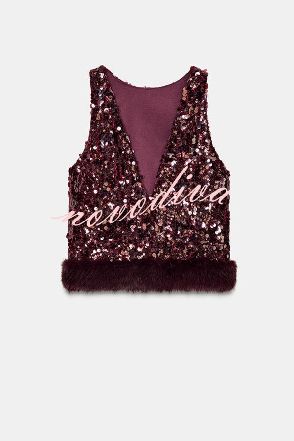 Gala Goddess Sequin Faux Fur Trim Crew Neck Sleeveless Loose Top