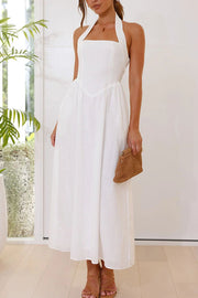 Brunch in Bali Linen Blend Halter Neck Pocketed Maxi Dress