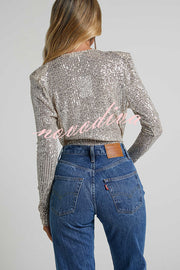 Alora Sequin Wrap Front Plunge Neck Long Sleeve Bodysuit