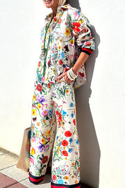 Fabulous Fiesta Satin Floral Unique Print Elastic Waist Pocketed Wide Leg Pants