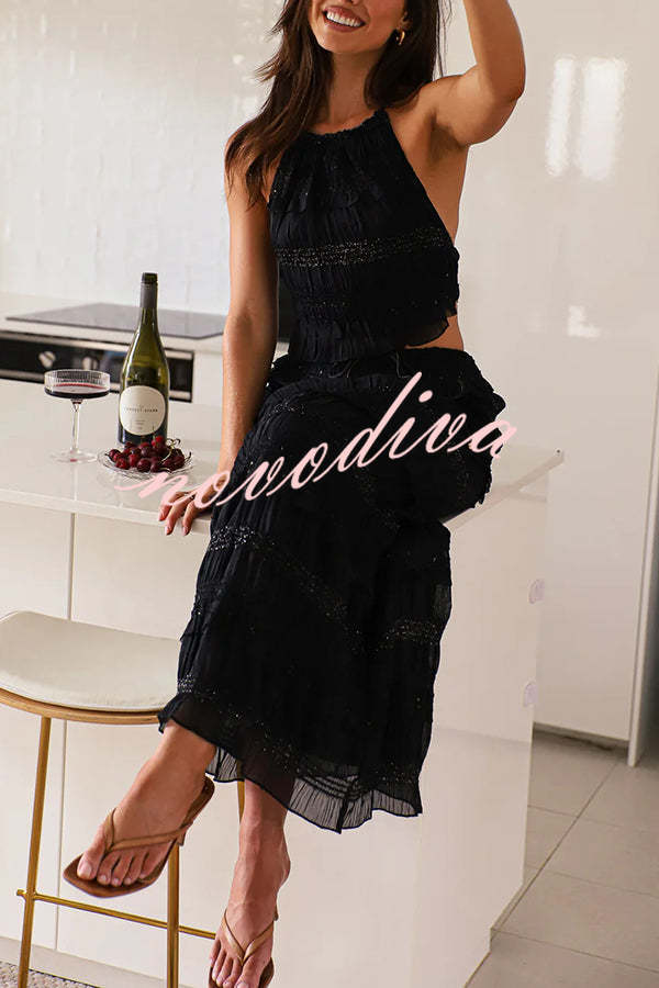 Feel Chic and Romantic Sequin Textured Material Back Elastic Halter Tie Tank and Drawstring Waist Tiered Maxi Skirt Set