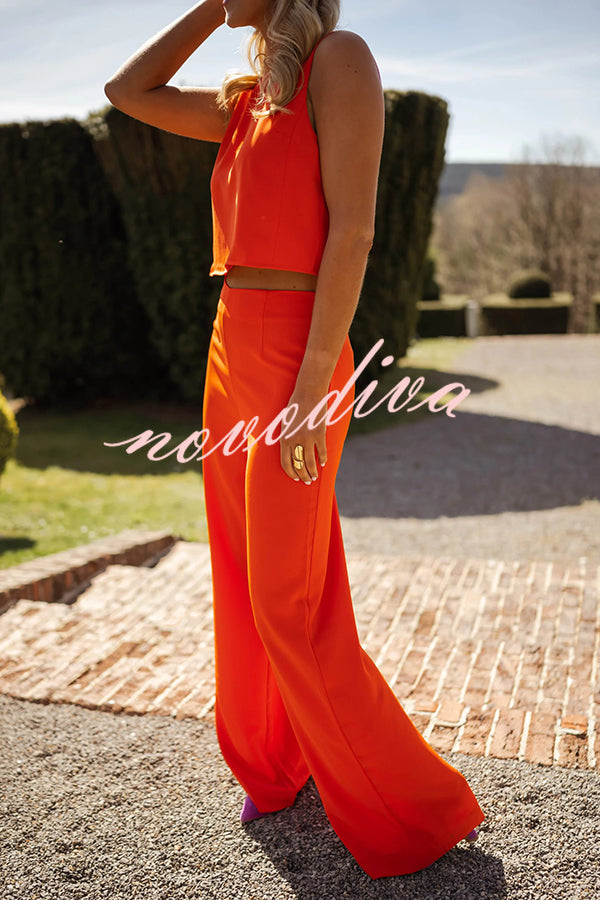 Modern and Elegant Solid Crop Tank and High Rise Flare Loose Pants Set