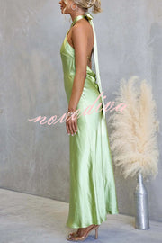 Satin Fashion Halter Backless Slim Elegant Maxi Dress