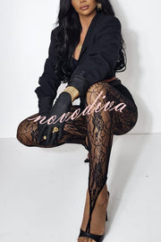 Chic Style Floral Lace See-through High Rise Elastic Waist Tapered Pants