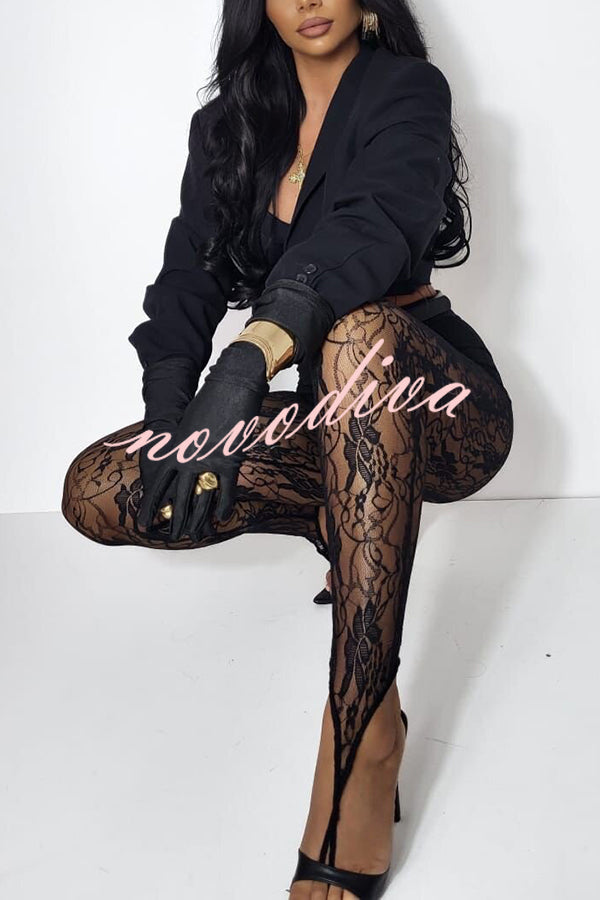 Chic Style Floral Lace See-through High Rise Elastic Waist Tapered Pants