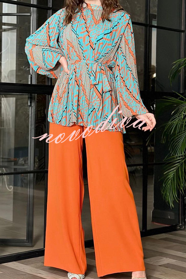 Unique Printed Puff Sleeve Pleated Loose Top and Casual Wide-leg Pants Set