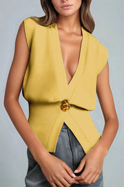 Solid Color Simple V-Neck Button Sleeveless Knitted Cardigan