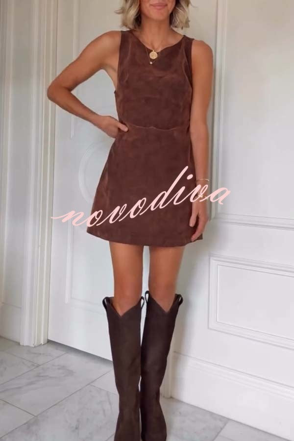 Atlas Faux Suede Open Back Button Accents Zipper Mini Dress