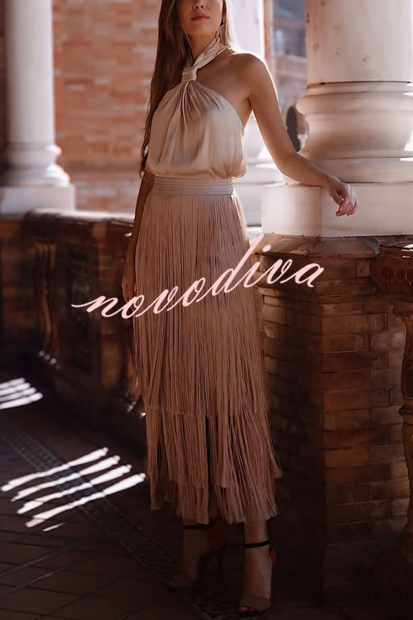 Elegant Tassel Hem Elastic Waist Casual Maxi Skirt