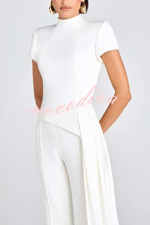 Pippa High Neck Short Sleeve Irregular Drape Hem Top and Elastic Waist Flare Pants Set