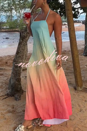 Sea goddess Gradient Print Pleated Halter Backless A-line Maxi Dress