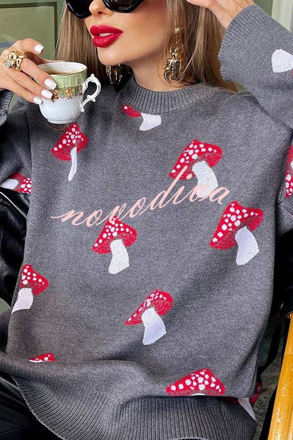 Mushroom Pattern Casual Loose Round Neck Knitted Sweater