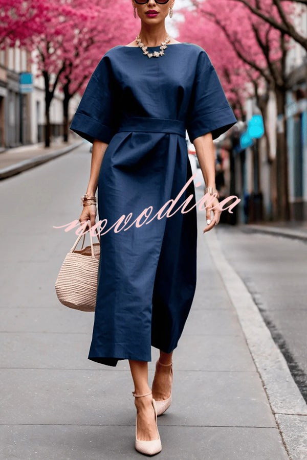 Solid Color Round Neck Half Sleeve Casual Waist Midi Dress