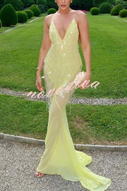 Perfect Night Sequin Embroidery Backless Drape Tulle Hem Slip Maxi Dress