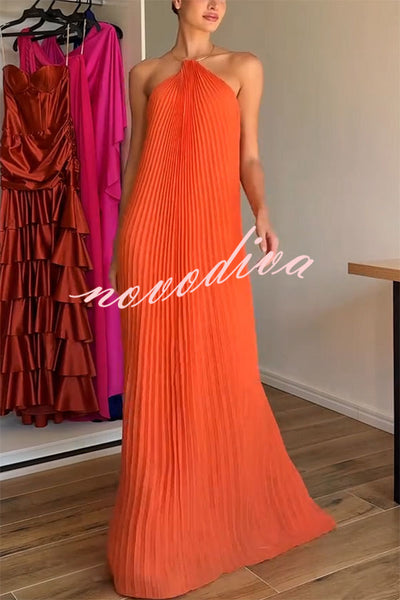 Coralie Pleated Metal Ring Halter Backless Loose Maxi Dress
