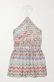Juney Knit Colorful Zigzag Pattern Halter Neck Slit Wide Leg Loose Romper