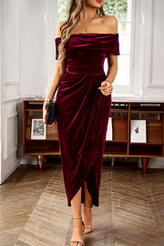 Solid Color Velvet Off-shoulder Slim-fit Elegant Slit Midi Dress