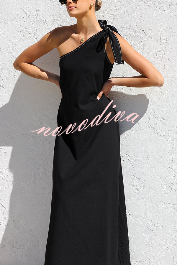 Solid Color One-shoulder Strappy Elegant Sloping Collar Loose Maxi Dress