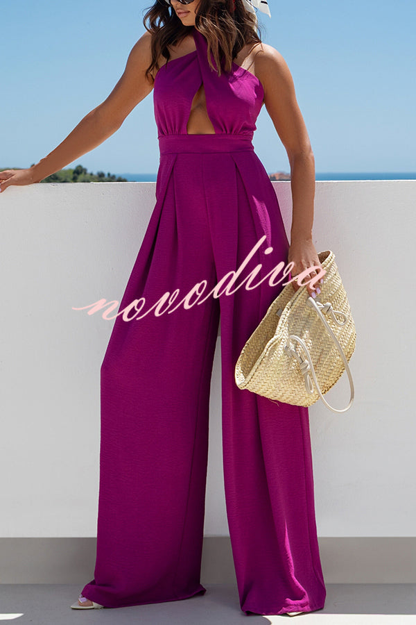 Easy Mode Cross-neck Halter Strap Backless Wide Leg Jumpsuit