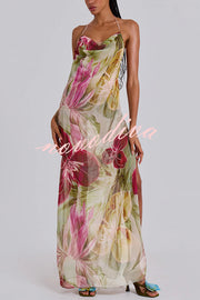 Floral Print Sexy Backless Slit See-Through Holiday Maxi Dress