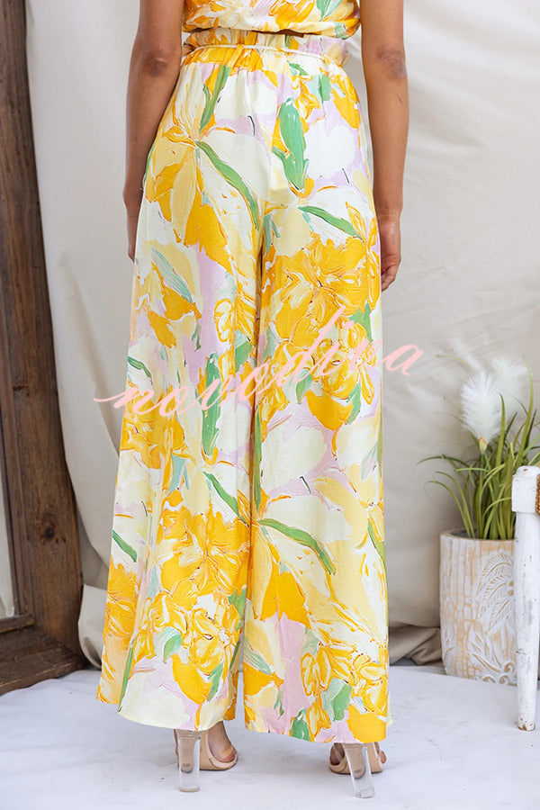 Soleila Floral Print One Shoulder Tie-up Crop Top and Elastic Waist Pocket Loose Pants Set