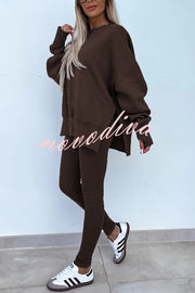 Solid Color Loose Long Sleeve SlitSweatshirt and Elastic Waist Tight Pants Set