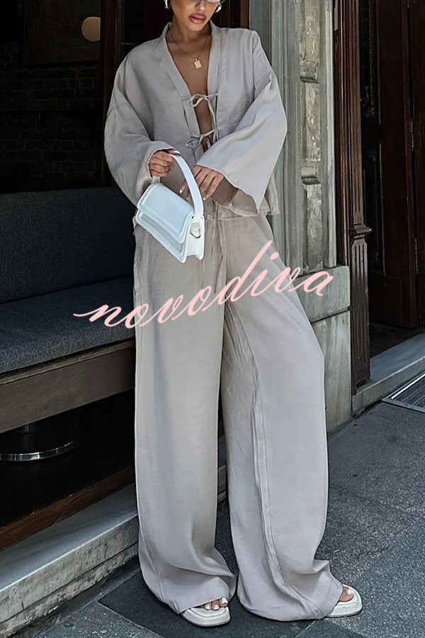 Stylish Loose Tie Shirt and Elastic Waist Wide-leg Pants Set