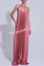 Darling Moment Satin Fabric Off Shoulder V-neck Asymmetric Hem A-line Maxi Dress