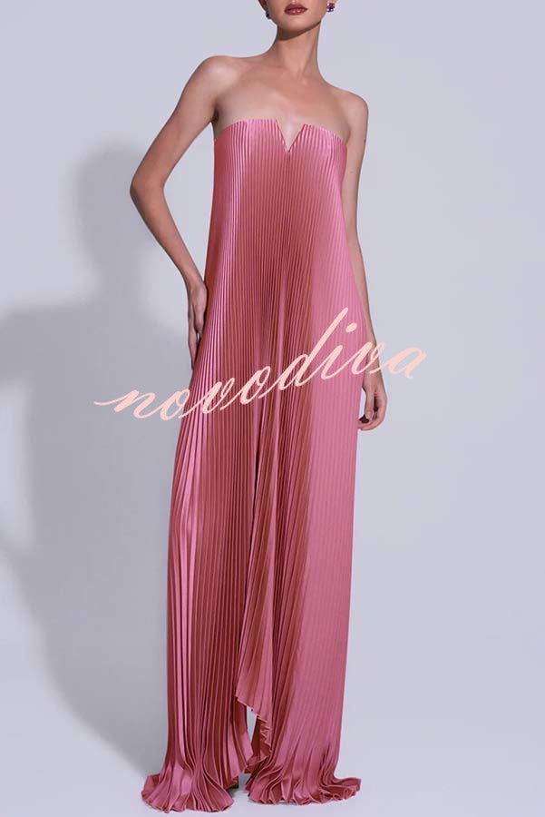 Darling Moment Satin Fabric Off Shoulder V-neck Asymmetric Hem A-line Maxi Dress