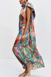 Rainbow Breeze Satin Unique Print Bow One Shoulder Loose Maxi Dress