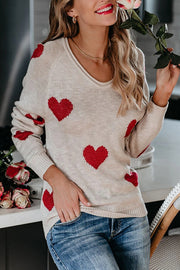Stylish Color-blocked Heart-patterned Long-sleeved Loose Knit Sweater