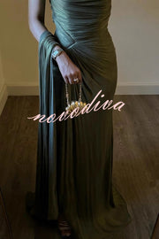 Fashion One-shoulder Pleated Ribbon Slim Slit Maxi Dress