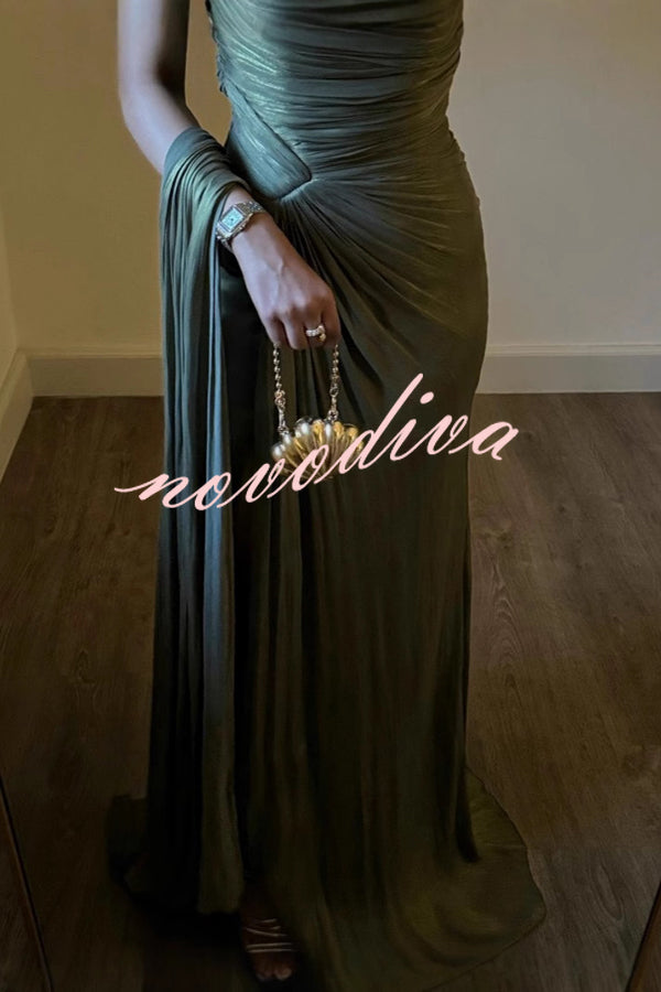 Fashion One-shoulder Pleated Ribbon Slim Slit Maxi Dress