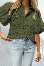 Hollow Embroidered Lace V-neck Buttoned Lantern Sleeve Blouse