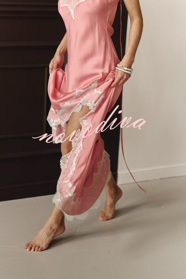 Breezy City Fall SatinLace Petal Trim Slip Tie-up H-line Slit Maxi Dress