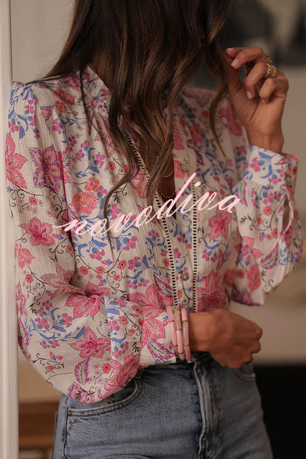 Floral Print Long-Sleeved Button-Up Elegant Shirt