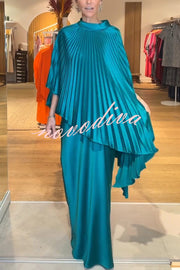 Lily Satin Solid Color Pleated Loose Cape and Elegant Maxi Skirt Set