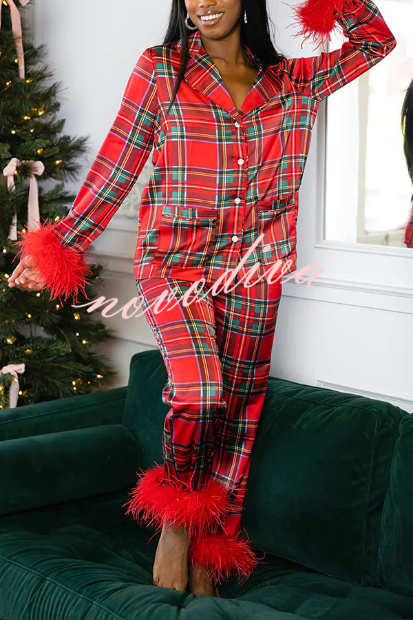 Christmas Besties Party Printed Feather Trim Elastic Waist Pocketed Pajama Set