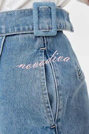 Fall for That Denim Faux Wrap Buckle Tie Pocketed Mini Shorts