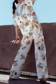 Angel Wings Denim Unique Print Button Up Long Sleeve Pocketed Relaxed Jacket