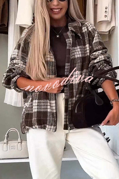 Fashion Plaid Print Lapel Long Sleeve Loose Zipper Jacket