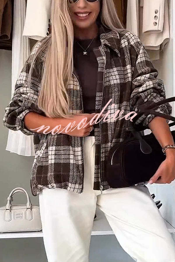 Fashion Plaid Print Lapel Long Sleeve Loose Zipper Jacket