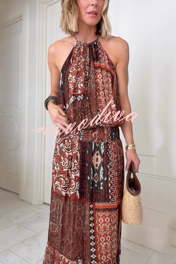 Ethnic Boho Colorblock Print Elastic Waist Resort Style Maxi Dress