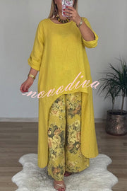 Linen Blend Crew Neck Long Sleeve Irregular Loose Top and Elastic Waist Floral Print Casual Pocket Set