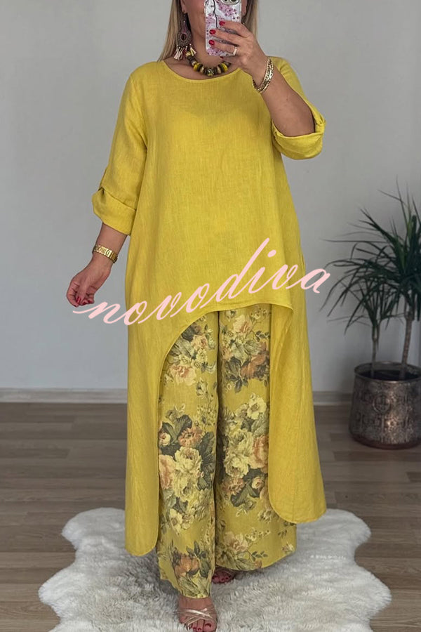 Linen Blend Crew Neck Long Sleeve Irregular Loose Top and Elastic Waist Floral Print Casual Pocket Set