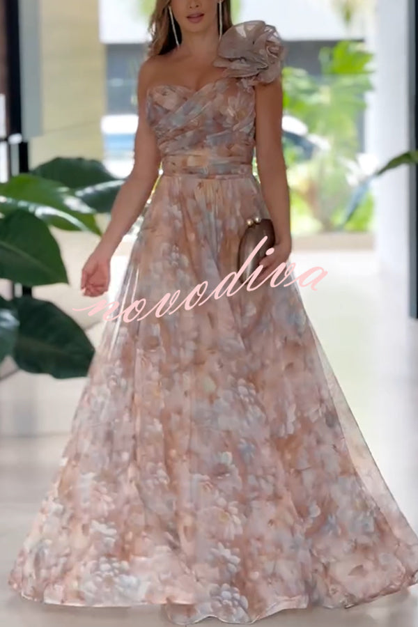 Romantic Ball Chiffon Floral One-shoulder Pleated Design Back Lace-up Gown Maxi Dress
