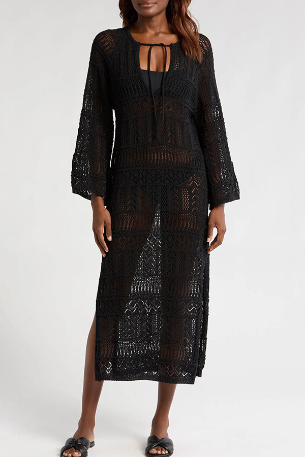 Hollie Knit Unique Pattern Tie-up Long Sleeve Cover-Up Midi Dress