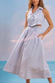 Stripe Print Lapel Sleeveless Button Top and Elastic Waist Casual Maxi Skirt Set
