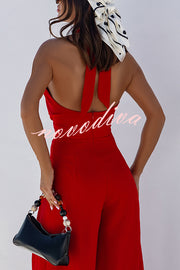 Easy Mode Cross-neck Halter Strap Backless Wide Leg Jumpsuit