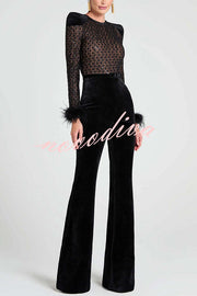 Monique Fish Scale Lace Sequin Velvet Patchwork Feather Trim Belted Stretch Flare Jumpsuit